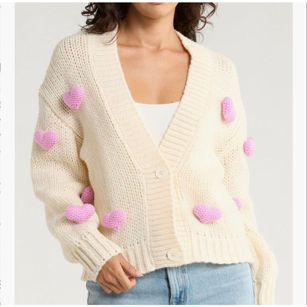 Roffe three-dimensional heart accents cardigan size M NWT